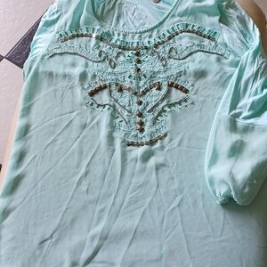 BKE Boutique Sheer Top, mint, 3/4 sleeve embellished